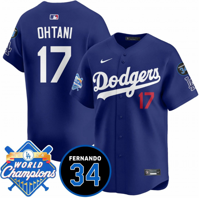 Men's Los Angeles Dodgers #17 Shohei Ohtani Royal 2024 World Champions & Fernando Memorial Patch Vapor Premier Limited Stitched Baseball Jersey Men's Los Angeles Dodgers #17 Shohei Ohtani Royal 2024 World Champions & Fernando Memorial Patch Vapor Premier Limited Stitched Baseball Jersey